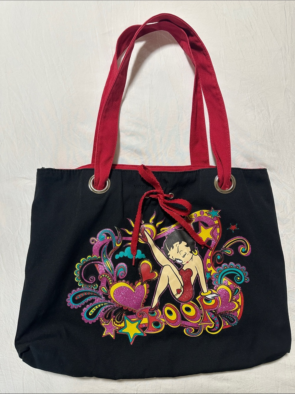 Vintage Y2K Dead Stock Betty Boop Spell Out Flower Tie Tote Bag Black